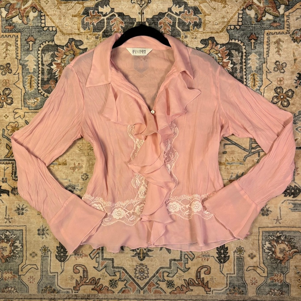 Coquette Vintage Pink Ruffle Lace Sheer Blouse Euro Style Long Sleeve Top S/M
